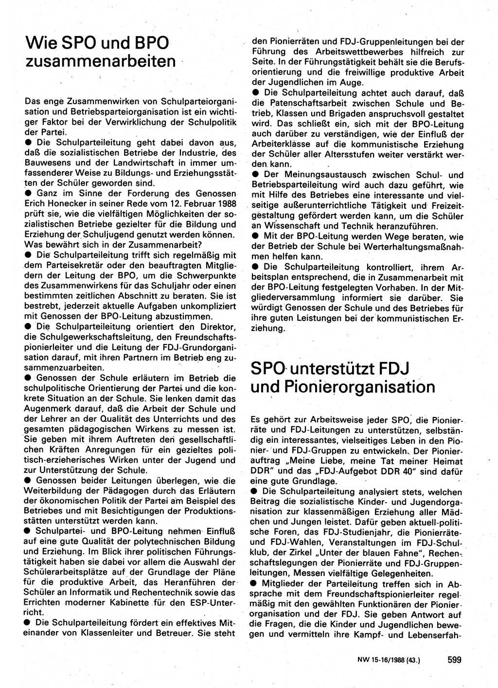 Neuer Weg (NW), Organ des Zentralkomitees (ZK) der SED (Sozialistische Einheitspartei Deutschlands) für Fragen des Parteilebens, 43. Jahrgang [Deutsche Demokratische Republik (DDR)] 1988, Seite 599 (NW ZK SED DDR 1988, S. 599)