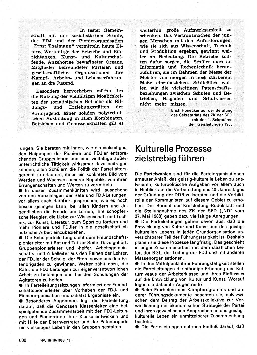 Neuer Weg (NW), Organ des Zentralkomitees (ZK) der SED (Sozialistische Einheitspartei Deutschlands) für Fragen des Parteilebens, 43. Jahrgang [Deutsche Demokratische Republik (DDR)] 1988, Seite 600 (NW ZK SED DDR 1988, S. 600)