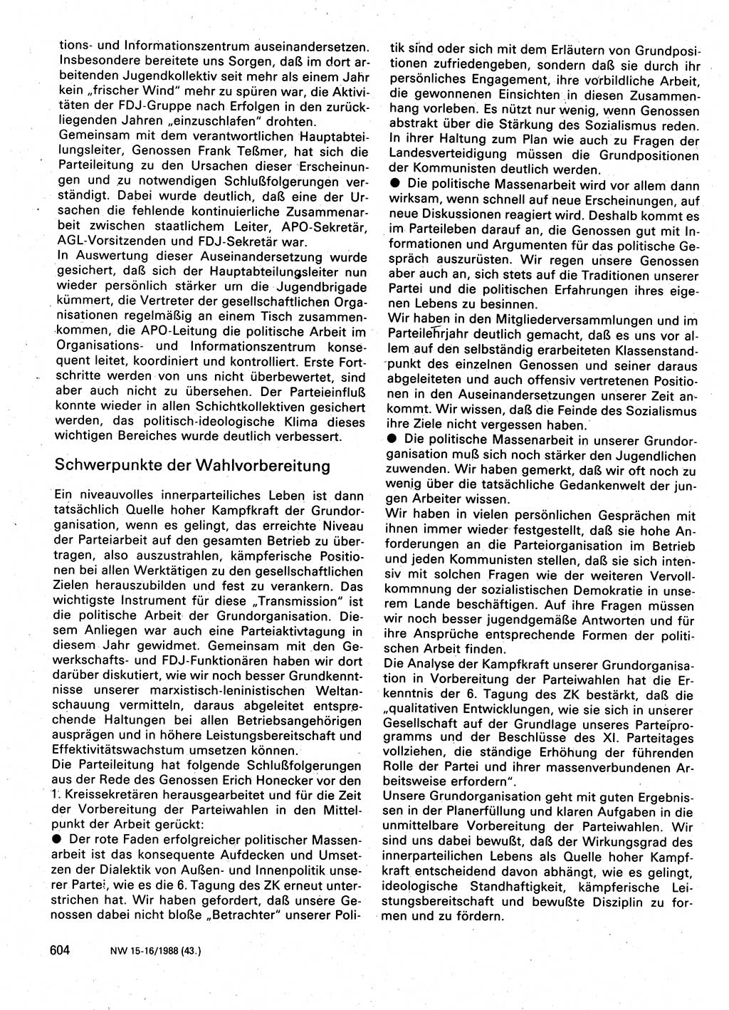 Neuer Weg (NW), Organ des Zentralkomitees (ZK) der SED (Sozialistische Einheitspartei Deutschlands) für Fragen des Parteilebens, 43. Jahrgang [Deutsche Demokratische Republik (DDR)] 1988, Seite 604 (NW ZK SED DDR 1988, S. 604)