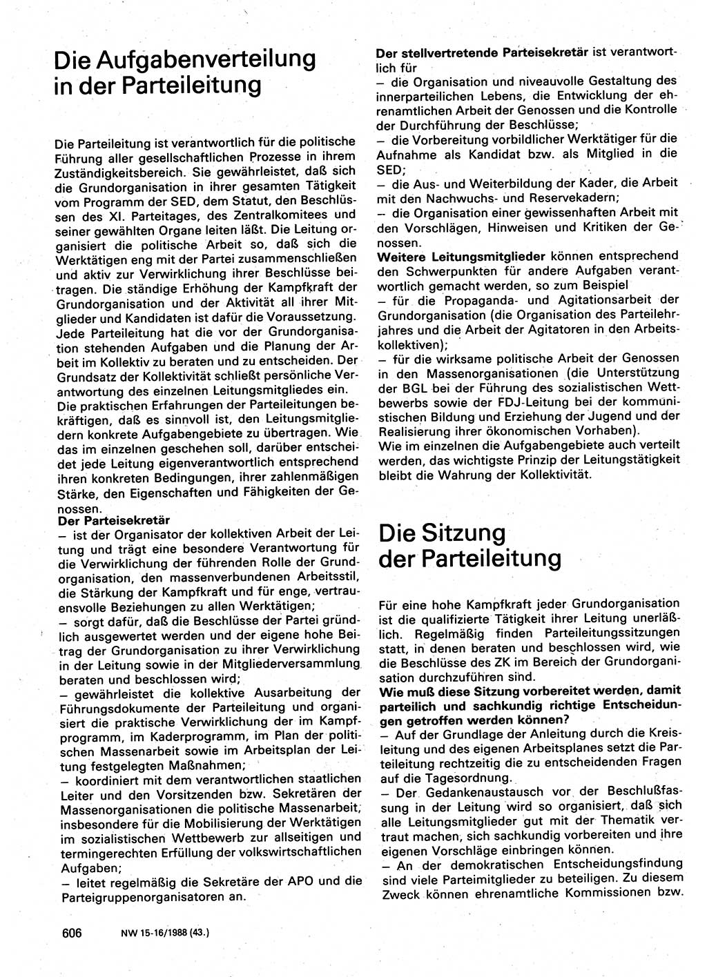 Neuer Weg (NW), Organ des Zentralkomitees (ZK) der SED (Sozialistische Einheitspartei Deutschlands) für Fragen des Parteilebens, 43. Jahrgang [Deutsche Demokratische Republik (DDR)] 1988, Seite 606 (NW ZK SED DDR 1988, S. 606)