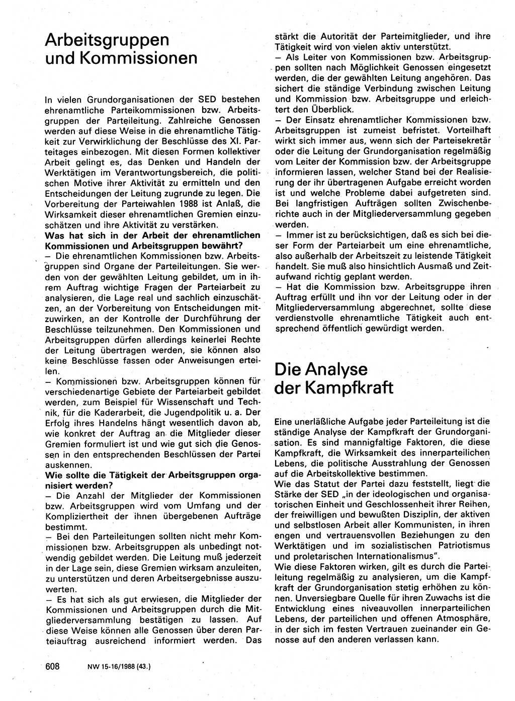 Neuer Weg (NW), Organ des Zentralkomitees (ZK) der SED (Sozialistische Einheitspartei Deutschlands) für Fragen des Parteilebens, 43. Jahrgang [Deutsche Demokratische Republik (DDR)] 1988, Seite 608 (NW ZK SED DDR 1988, S. 608)