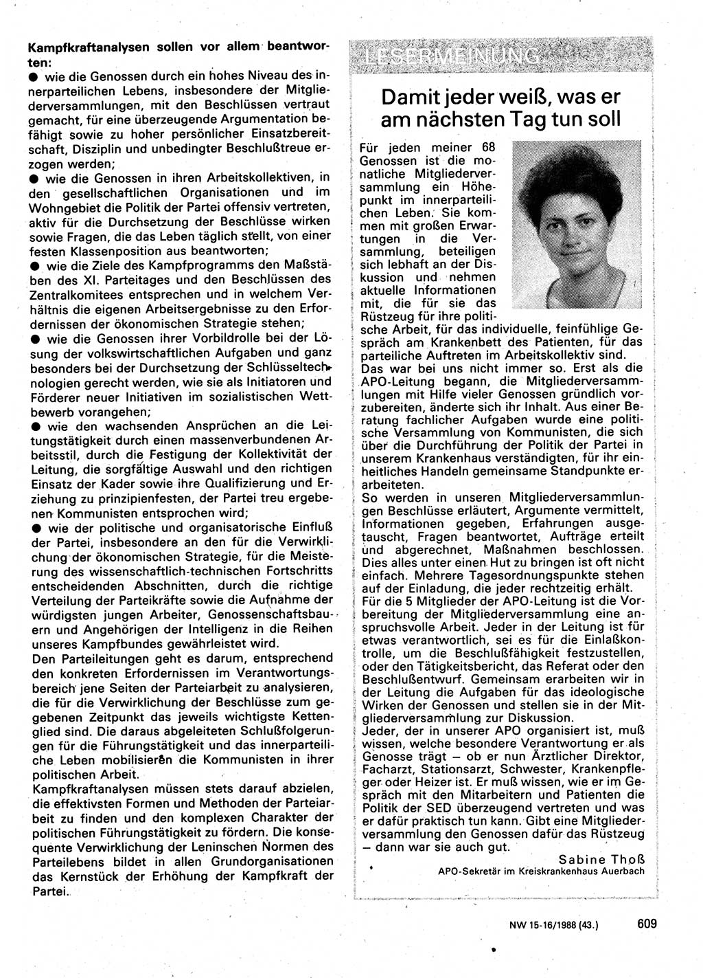 Neuer Weg (NW), Organ des Zentralkomitees (ZK) der SED (Sozialistische Einheitspartei Deutschlands) für Fragen des Parteilebens, 43. Jahrgang [Deutsche Demokratische Republik (DDR)] 1988, Seite 609 (NW ZK SED DDR 1988, S. 609)
