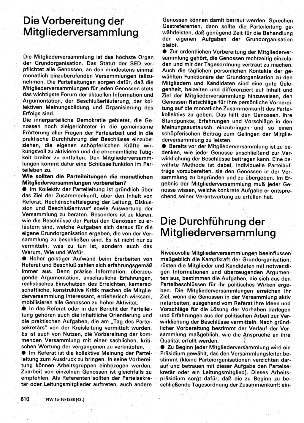 Neuer Weg (NW), Organ des Zentralkomitees (ZK) der SED (Sozialistische Einheitspartei Deutschlands) für Fragen des Parteilebens, 43. Jahrgang [Deutsche Demokratische Republik (DDR)] 1988, Seite 610 (NW ZK SED DDR 1988, S. 610)
