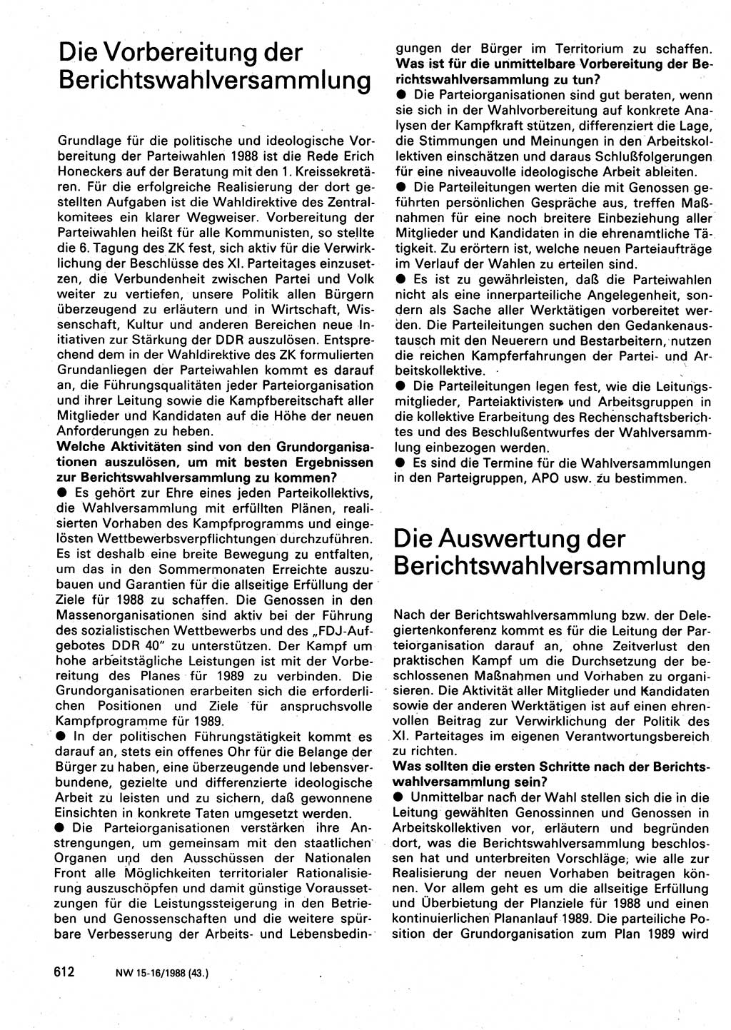 Neuer Weg (NW), Organ des Zentralkomitees (ZK) der SED (Sozialistische Einheitspartei Deutschlands) für Fragen des Parteilebens, 43. Jahrgang [Deutsche Demokratische Republik (DDR)] 1988, Seite 612 (NW ZK SED DDR 1988, S. 612)
