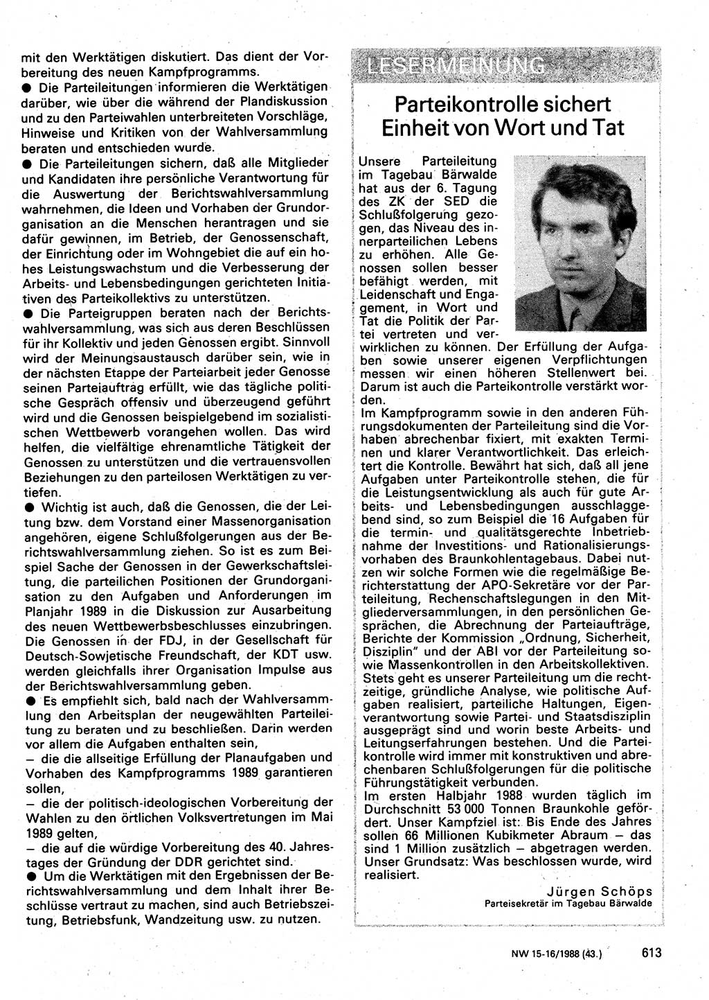 Neuer Weg (NW), Organ des Zentralkomitees (ZK) der SED (Sozialistische Einheitspartei Deutschlands) für Fragen des Parteilebens, 43. Jahrgang [Deutsche Demokratische Republik (DDR)] 1988, Seite 613 (NW ZK SED DDR 1988, S. 613)