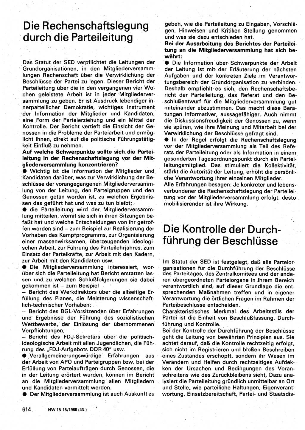 Neuer Weg (NW), Organ des Zentralkomitees (ZK) der SED (Sozialistische Einheitspartei Deutschlands) für Fragen des Parteilebens, 43. Jahrgang [Deutsche Demokratische Republik (DDR)] 1988, Seite 614 (NW ZK SED DDR 1988, S. 614)