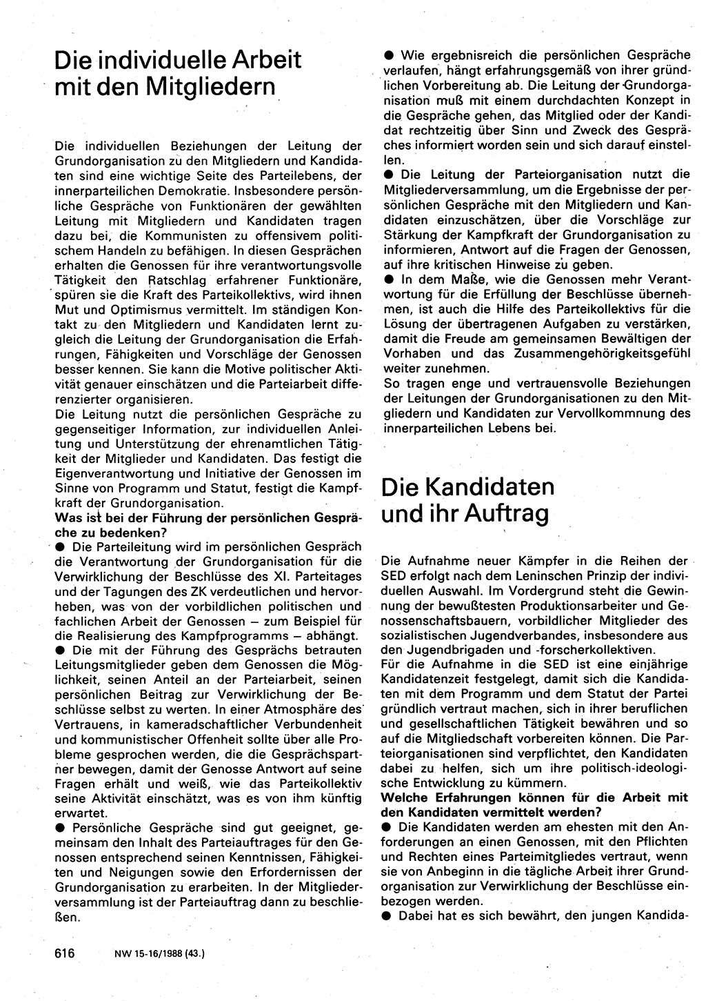 Neuer Weg (NW), Organ des Zentralkomitees (ZK) der SED (Sozialistische Einheitspartei Deutschlands) für Fragen des Parteilebens, 43. Jahrgang [Deutsche Demokratische Republik (DDR)] 1988, Seite 616 (NW ZK SED DDR 1988, S. 616)