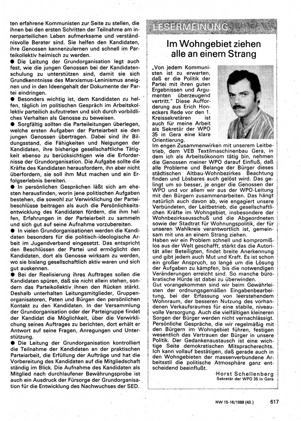 Neuer Weg (NW), Organ des Zentralkomitees (ZK) der SED (Sozialistische Einheitspartei Deutschlands) für Fragen des Parteilebens, 43. Jahrgang [Deutsche Demokratische Republik (DDR)] 1988, Seite 617 (NW ZK SED DDR 1988, S. 617)