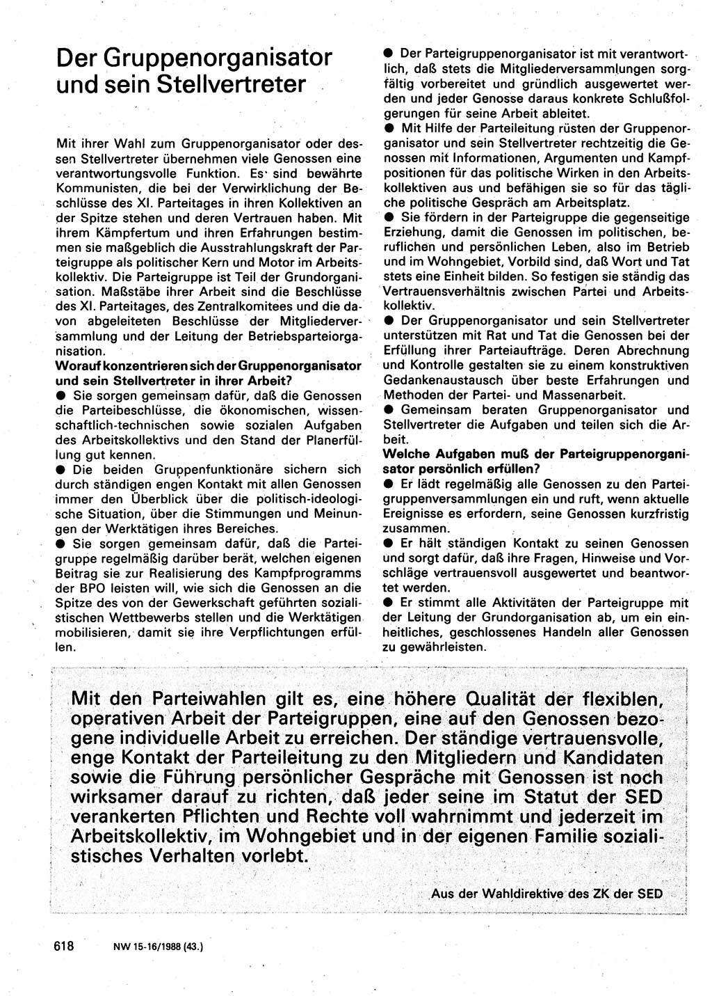 Neuer Weg (NW), Organ des Zentralkomitees (ZK) der SED (Sozialistische Einheitspartei Deutschlands) für Fragen des Parteilebens, 43. Jahrgang [Deutsche Demokratische Republik (DDR)] 1988, Seite 618 (NW ZK SED DDR 1988, S. 618)