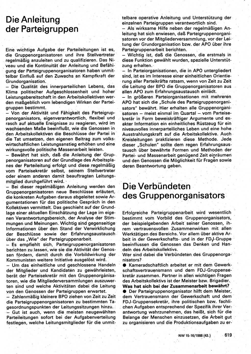 Neuer Weg (NW), Organ des Zentralkomitees (ZK) der SED (Sozialistische Einheitspartei Deutschlands) für Fragen des Parteilebens, 43. Jahrgang [Deutsche Demokratische Republik (DDR)] 1988, Seite 619 (NW ZK SED DDR 1988, S. 619)