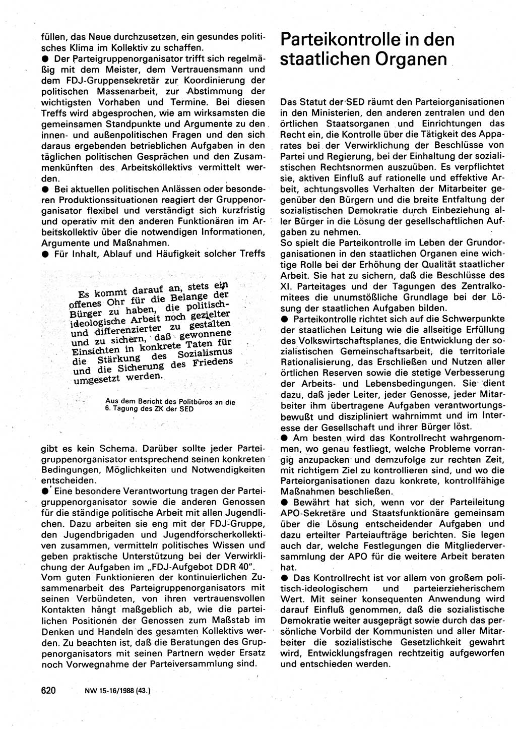 Neuer Weg (NW), Organ des Zentralkomitees (ZK) der SED (Sozialistische Einheitspartei Deutschlands) für Fragen des Parteilebens, 43. Jahrgang [Deutsche Demokratische Republik (DDR)] 1988, Seite 620 (NW ZK SED DDR 1988, S. 620)