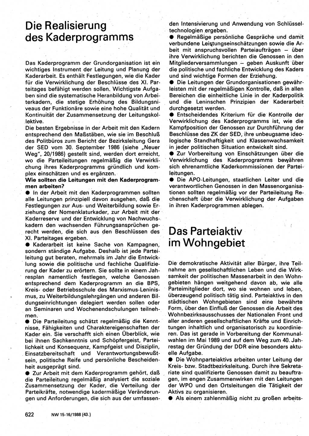 Neuer Weg (NW), Organ des Zentralkomitees (ZK) der SED (Sozialistische Einheitspartei Deutschlands) für Fragen des Parteilebens, 43. Jahrgang [Deutsche Demokratische Republik (DDR)] 1988, Seite 622 (NW ZK SED DDR 1988, S. 622)