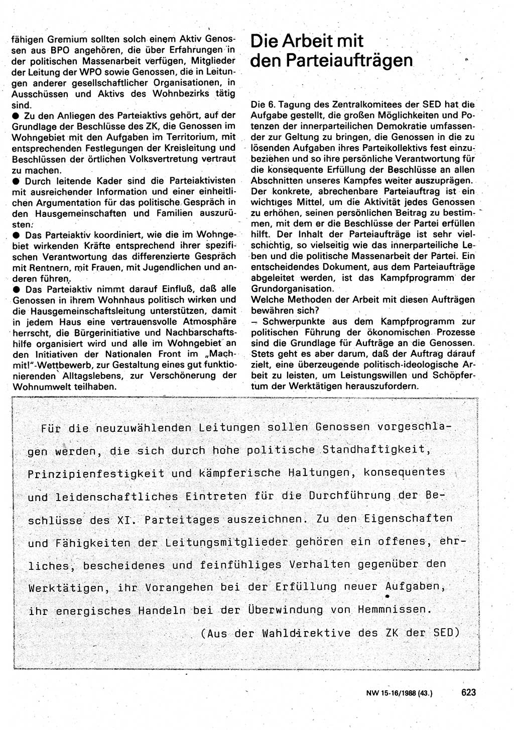 Neuer Weg (NW), Organ des Zentralkomitees (ZK) der SED (Sozialistische Einheitspartei Deutschlands) für Fragen des Parteilebens, 43. Jahrgang [Deutsche Demokratische Republik (DDR)] 1988, Seite 623 (NW ZK SED DDR 1988, S. 623)