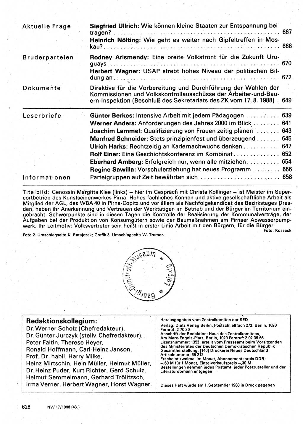 Neuer Weg (NW), Organ des Zentralkomitees (ZK) der SED (Sozialistische Einheitspartei Deutschlands) für Fragen des Parteilebens, 43. Jahrgang [Deutsche Demokratische Republik (DDR)] 1988, Seite 626 (NW ZK SED DDR 1988, S. 626)