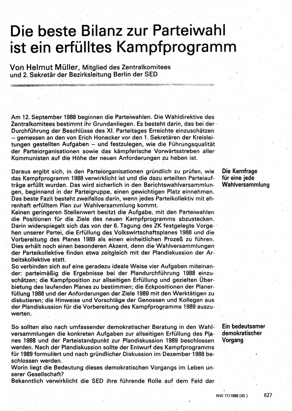 Neuer Weg (NW), Organ des Zentralkomitees (ZK) der SED (Sozialistische Einheitspartei Deutschlands) für Fragen des Parteilebens, 43. Jahrgang [Deutsche Demokratische Republik (DDR)] 1988, Seite 627 (NW ZK SED DDR 1988, S. 627)