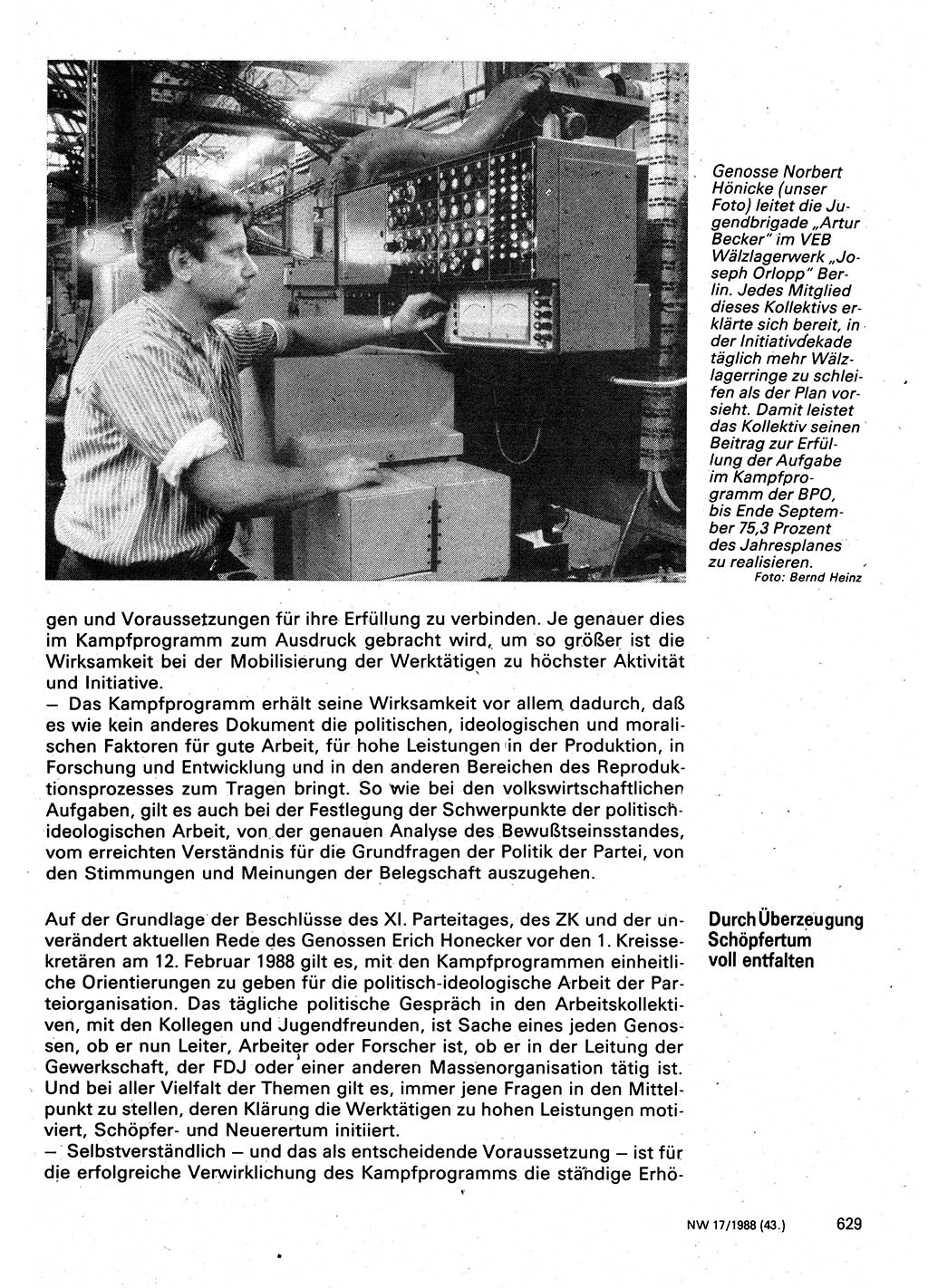 Neuer Weg (NW), Organ des Zentralkomitees (ZK) der SED (Sozialistische Einheitspartei Deutschlands) für Fragen des Parteilebens, 43. Jahrgang [Deutsche Demokratische Republik (DDR)] 1988, Seite 629 (NW ZK SED DDR 1988, S. 629)