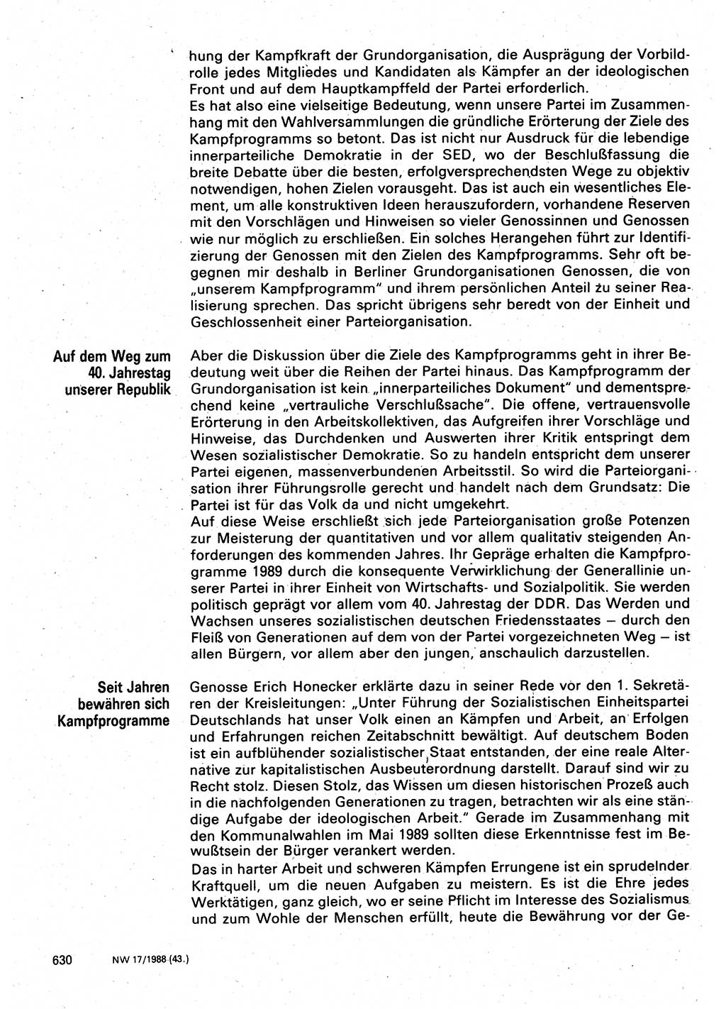 Neuer Weg (NW), Organ des Zentralkomitees (ZK) der SED (Sozialistische Einheitspartei Deutschlands) für Fragen des Parteilebens, 43. Jahrgang [Deutsche Demokratische Republik (DDR)] 1988, Seite 630 (NW ZK SED DDR 1988, S. 630)