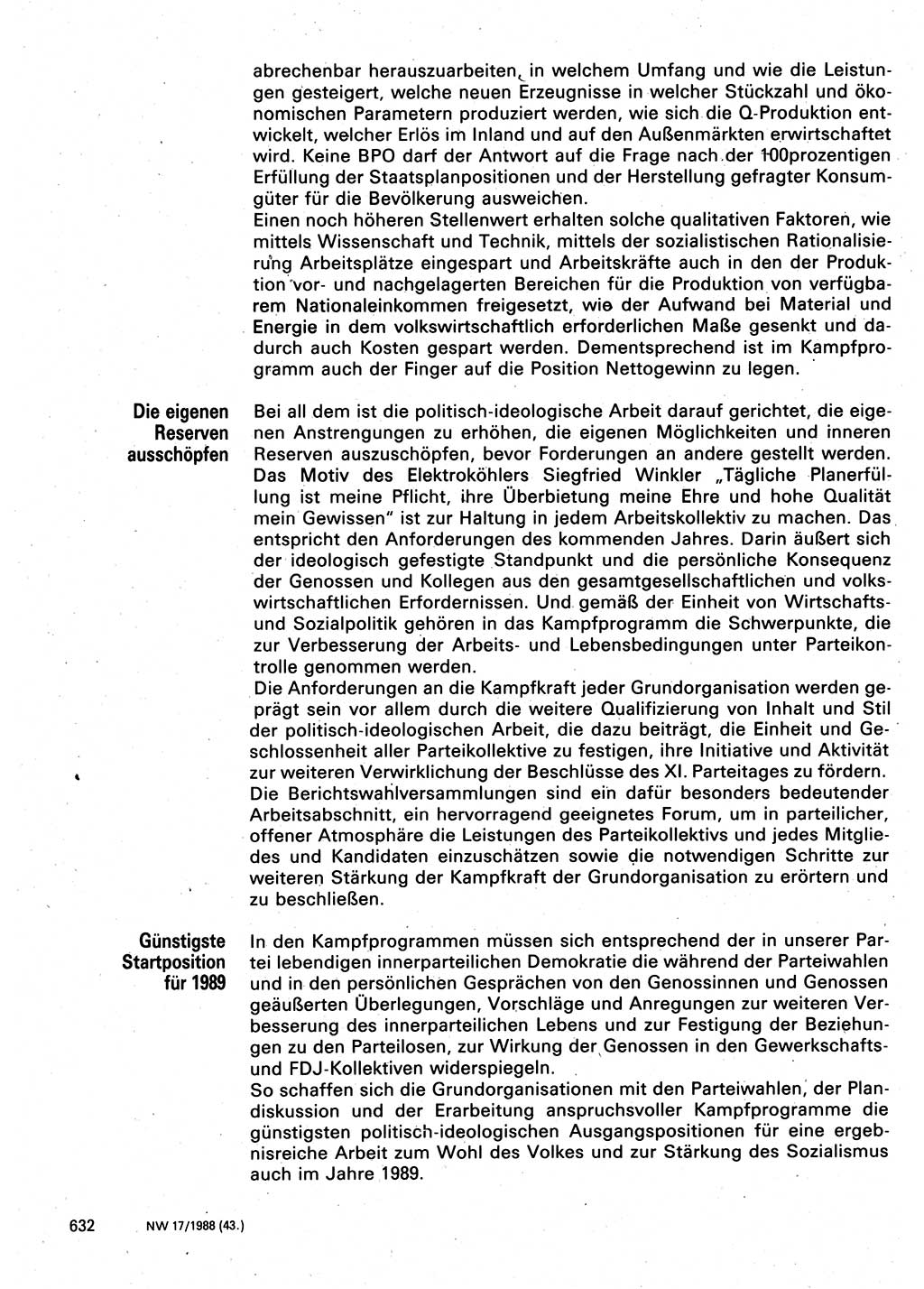 Neuer Weg (NW), Organ des Zentralkomitees (ZK) der SED (Sozialistische Einheitspartei Deutschlands) für Fragen des Parteilebens, 43. Jahrgang [Deutsche Demokratische Republik (DDR)] 1988, Seite 632 (NW ZK SED DDR 1988, S. 632)