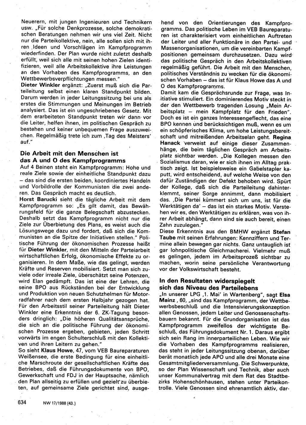 Neuer Weg (NW), Organ des Zentralkomitees (ZK) der SED (Sozialistische Einheitspartei Deutschlands) für Fragen des Parteilebens, 43. Jahrgang [Deutsche Demokratische Republik (DDR)] 1988, Seite 634 (NW ZK SED DDR 1988, S. 634)