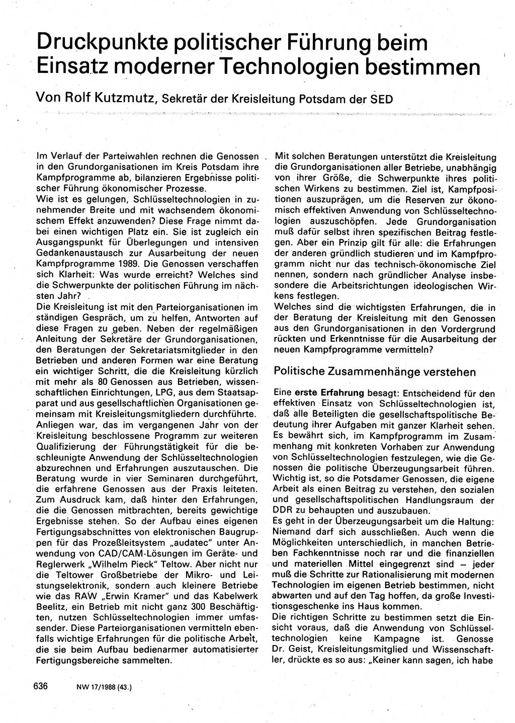 Neuer Weg (NW), Organ des Zentralkomitees (ZK) der SED (Sozialistische Einheitspartei Deutschlands) für Fragen des Parteilebens, 43. Jahrgang [Deutsche Demokratische Republik (DDR)] 1988, Seite 636 (NW ZK SED DDR 1988, S. 636)