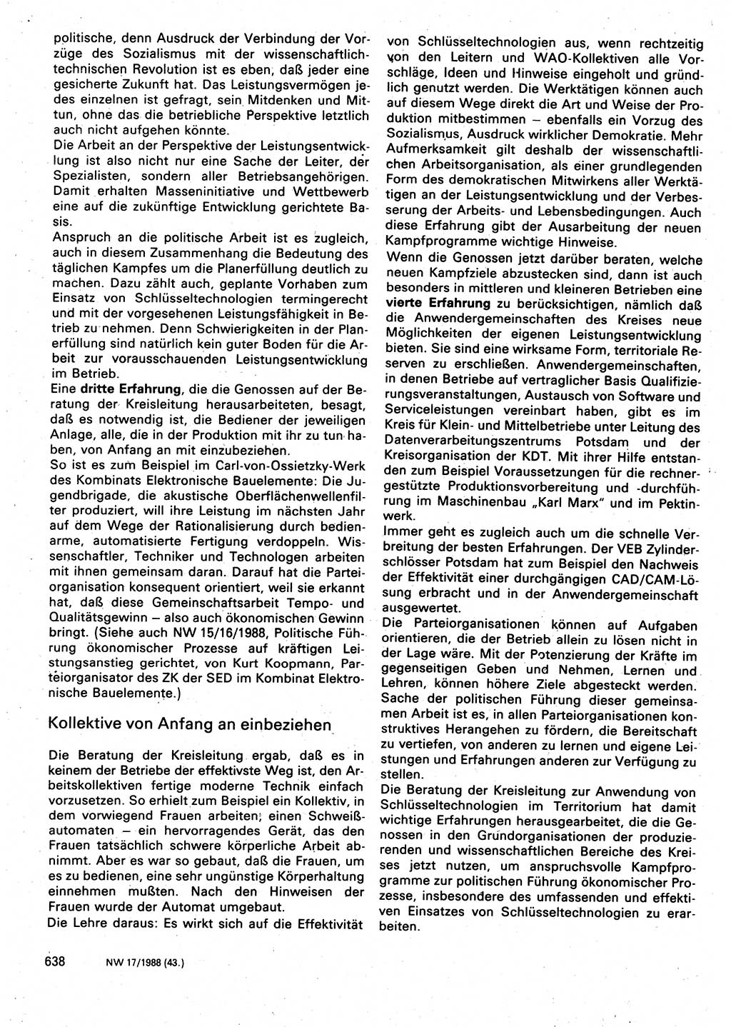Neuer Weg (NW), Organ des Zentralkomitees (ZK) der SED (Sozialistische Einheitspartei Deutschlands) für Fragen des Parteilebens, 43. Jahrgang [Deutsche Demokratische Republik (DDR)] 1988, Seite 638 (NW ZK SED DDR 1988, S. 638)
