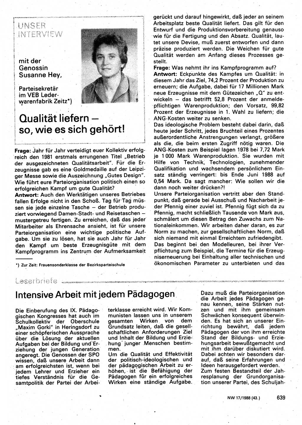 Neuer Weg (NW), Organ des Zentralkomitees (ZK) der SED (Sozialistische Einheitspartei Deutschlands) für Fragen des Parteilebens, 43. Jahrgang [Deutsche Demokratische Republik (DDR)] 1988, Seite 639 (NW ZK SED DDR 1988, S. 639)