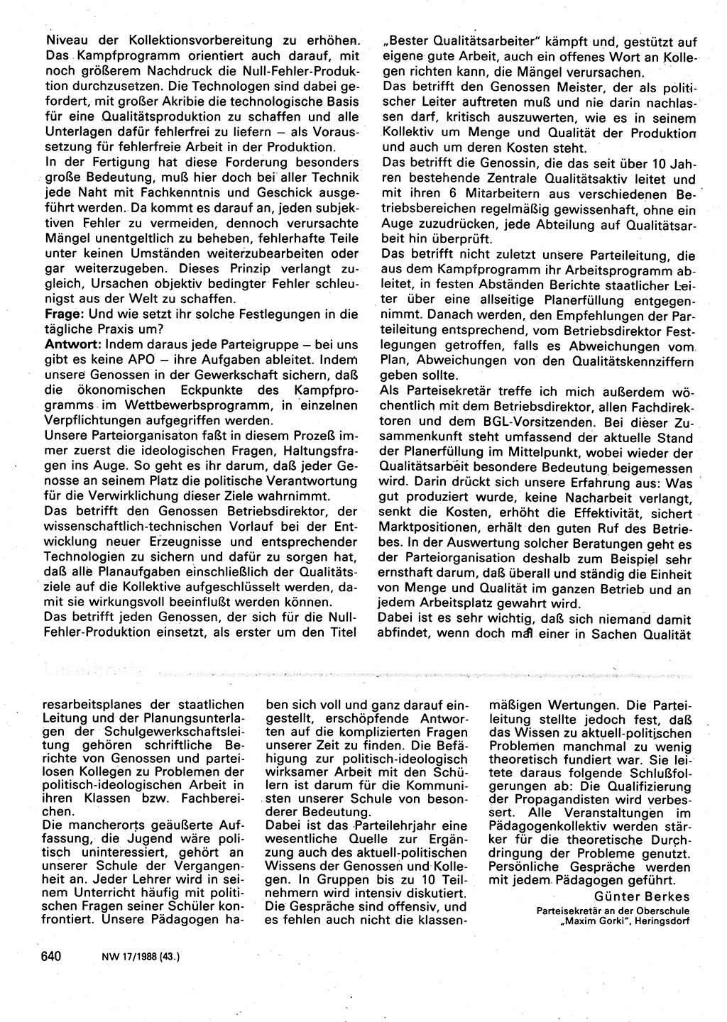 Neuer Weg (NW), Organ des Zentralkomitees (ZK) der SED (Sozialistische Einheitspartei Deutschlands) für Fragen des Parteilebens, 43. Jahrgang [Deutsche Demokratische Republik (DDR)] 1988, Seite 640 (NW ZK SED DDR 1988, S. 640)