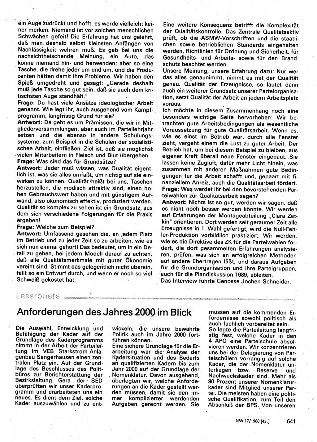 Neuer Weg (NW), Organ des Zentralkomitees (ZK) der SED (Sozialistische Einheitspartei Deutschlands) für Fragen des Parteilebens, 43. Jahrgang [Deutsche Demokratische Republik (DDR)] 1988, Seite 641 (NW ZK SED DDR 1988, S. 641)