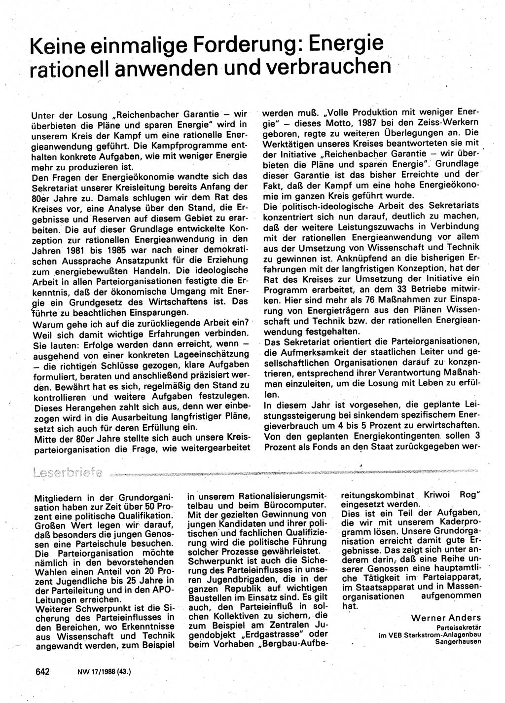 Neuer Weg (NW), Organ des Zentralkomitees (ZK) der SED (Sozialistische Einheitspartei Deutschlands) für Fragen des Parteilebens, 43. Jahrgang [Deutsche Demokratische Republik (DDR)] 1988, Seite 642 (NW ZK SED DDR 1988, S. 642)