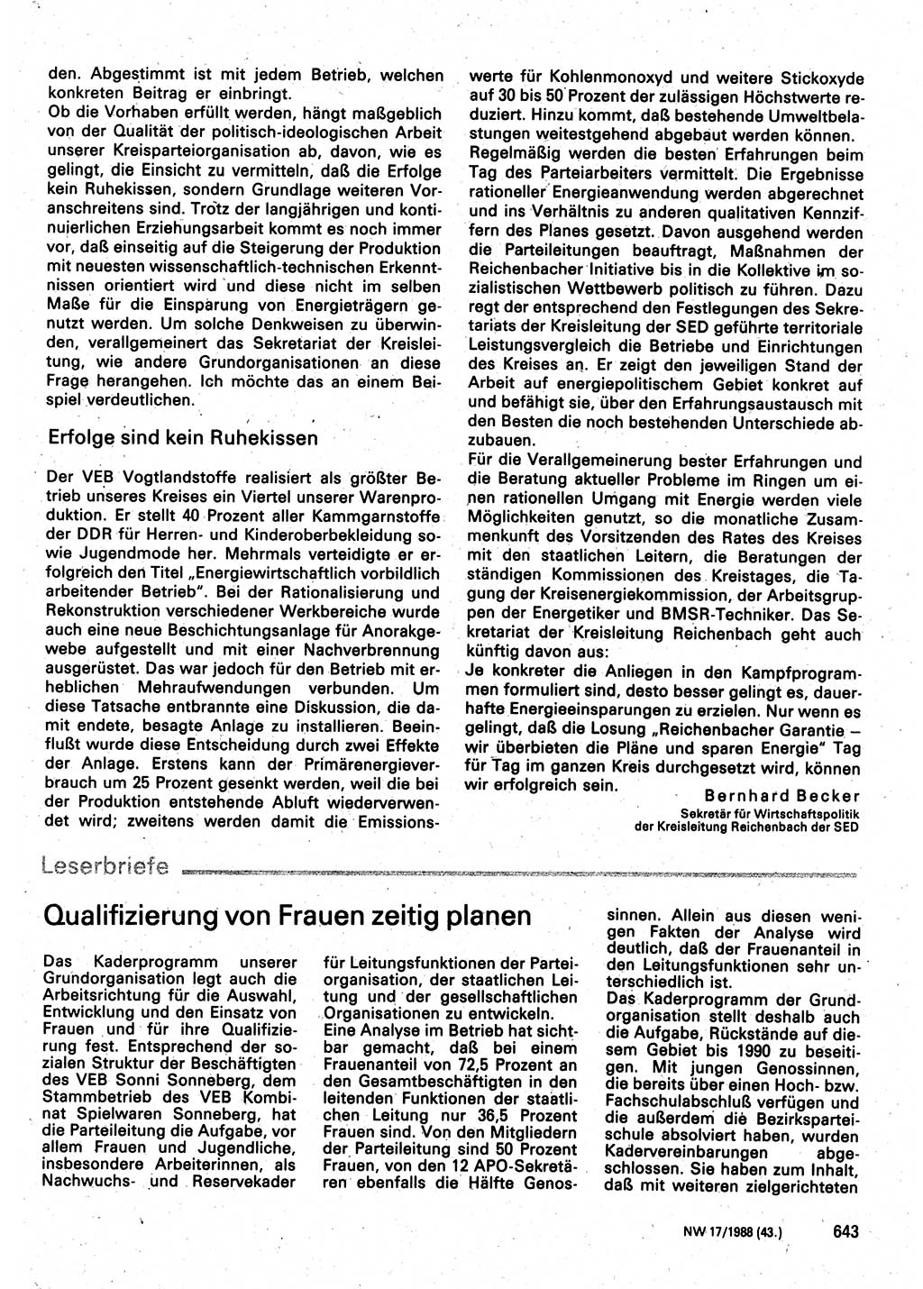 Neuer Weg (NW), Organ des Zentralkomitees (ZK) der SED (Sozialistische Einheitspartei Deutschlands) für Fragen des Parteilebens, 43. Jahrgang [Deutsche Demokratische Republik (DDR)] 1988, Seite 643 (NW ZK SED DDR 1988, S. 643)