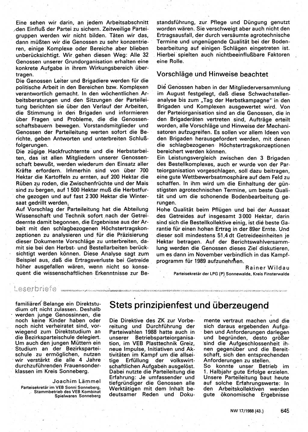 Neuer Weg (NW), Organ des Zentralkomitees (ZK) der SED (Sozialistische Einheitspartei Deutschlands) für Fragen des Parteilebens, 43. Jahrgang [Deutsche Demokratische Republik (DDR)] 1988, Seite 645 (NW ZK SED DDR 1988, S. 645)