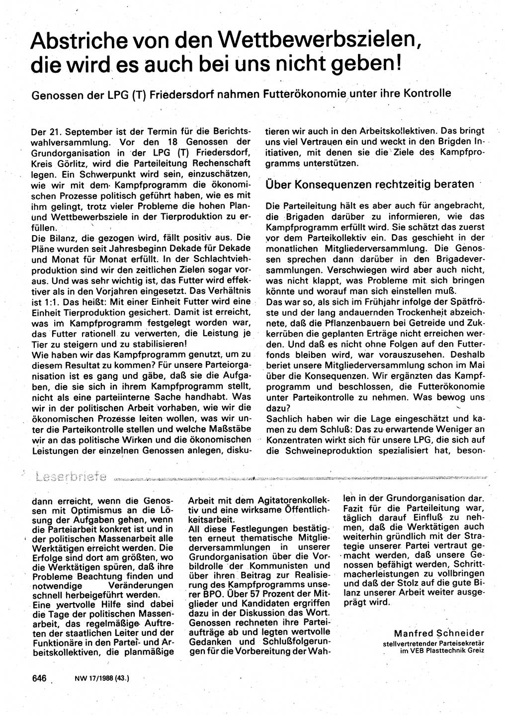 Neuer Weg (NW), Organ des Zentralkomitees (ZK) der SED (Sozialistische Einheitspartei Deutschlands) für Fragen des Parteilebens, 43. Jahrgang [Deutsche Demokratische Republik (DDR)] 1988, Seite 646 (NW ZK SED DDR 1988, S. 646)