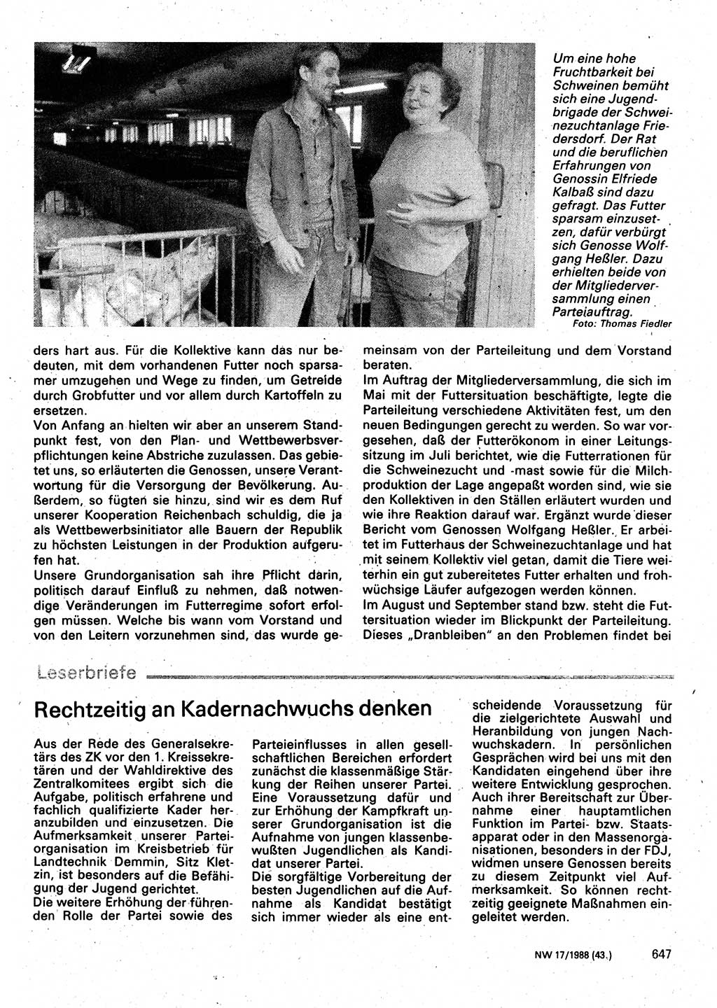 Neuer Weg (NW), Organ des Zentralkomitees (ZK) der SED (Sozialistische Einheitspartei Deutschlands) für Fragen des Parteilebens, 43. Jahrgang [Deutsche Demokratische Republik (DDR)] 1988, Seite 647 (NW ZK SED DDR 1988, S. 647)