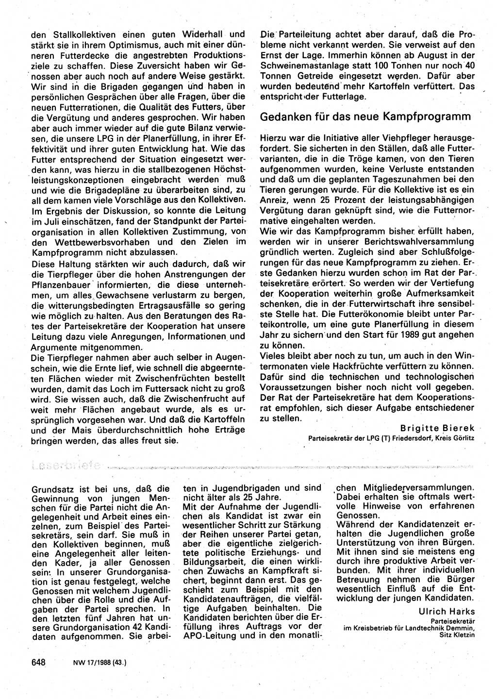 Neuer Weg (NW), Organ des Zentralkomitees (ZK) der SED (Sozialistische Einheitspartei Deutschlands) für Fragen des Parteilebens, 43. Jahrgang [Deutsche Demokratische Republik (DDR)] 1988, Seite 648 (NW ZK SED DDR 1988, S. 648)