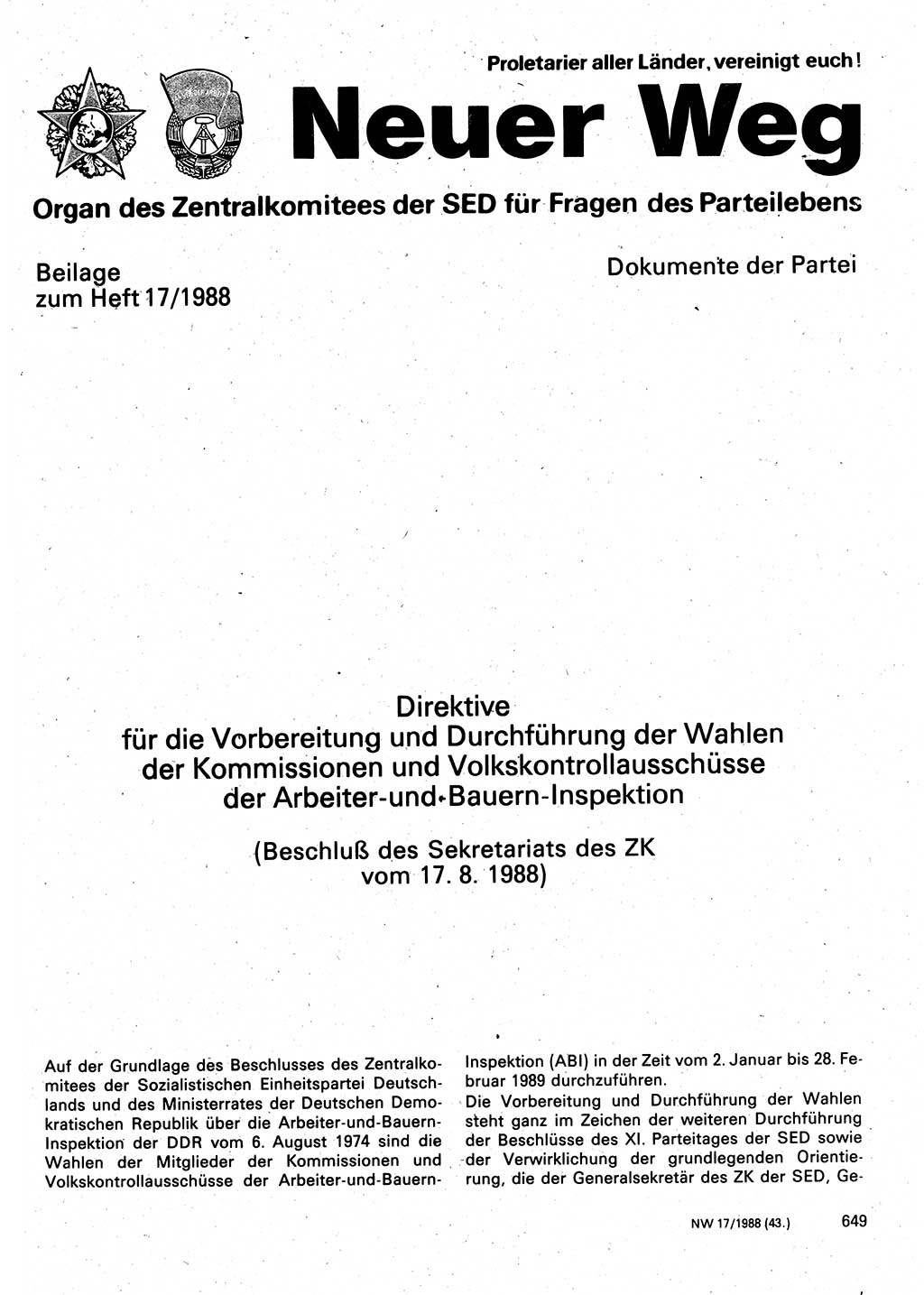 Neuer Weg (NW), Organ des Zentralkomitees (ZK) der SED (Sozialistische Einheitspartei Deutschlands) für Fragen des Parteilebens, 43. Jahrgang [Deutsche Demokratische Republik (DDR)] 1988, Seite 649 (NW ZK SED DDR 1988, S. 649)