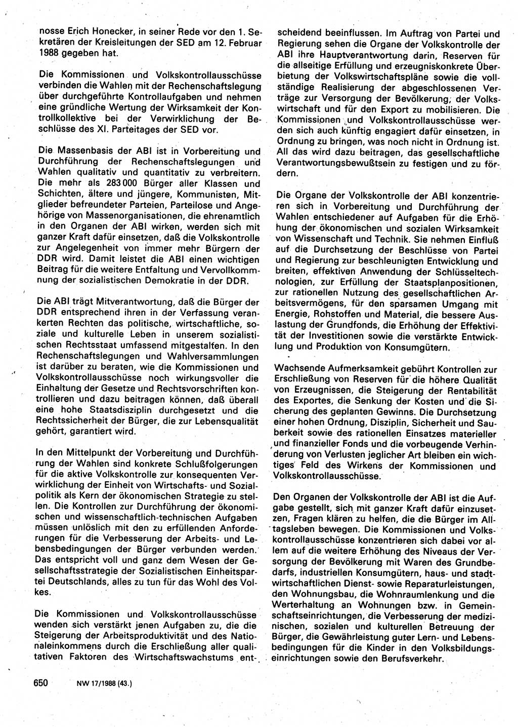 Neuer Weg (NW), Organ des Zentralkomitees (ZK) der SED (Sozialistische Einheitspartei Deutschlands) für Fragen des Parteilebens, 43. Jahrgang [Deutsche Demokratische Republik (DDR)] 1988, Seite 650 (NW ZK SED DDR 1988, S. 650)