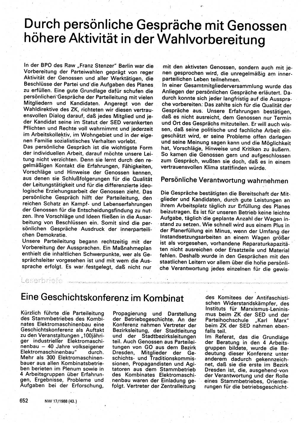 Neuer Weg (NW), Organ des Zentralkomitees (ZK) der SED (Sozialistische Einheitspartei Deutschlands) fÃ¼r Fragen des Parteilebens, 43. Jahrgang [Deutsche Demokratische Republik (DDR)] 1988, Seite 652 (NW ZK SED DDR 1988, S. 652)