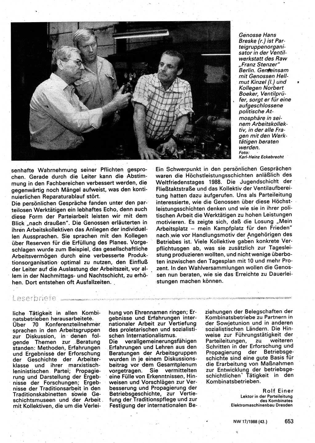 Neuer Weg (NW), Organ des Zentralkomitees (ZK) der SED (Sozialistische Einheitspartei Deutschlands) für Fragen des Parteilebens, 43. Jahrgang [Deutsche Demokratische Republik (DDR)] 1988, Seite 653 (NW ZK SED DDR 1988, S. 653)