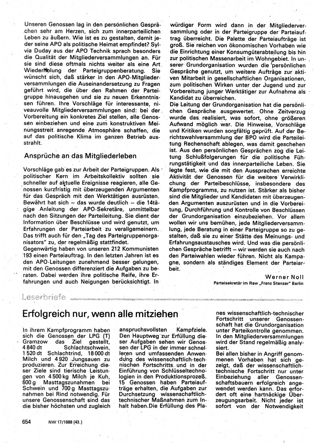Neuer Weg (NW), Organ des Zentralkomitees (ZK) der SED (Sozialistische Einheitspartei Deutschlands) für Fragen des Parteilebens, 43. Jahrgang [Deutsche Demokratische Republik (DDR)] 1988, Seite 654 (NW ZK SED DDR 1988, S. 654)