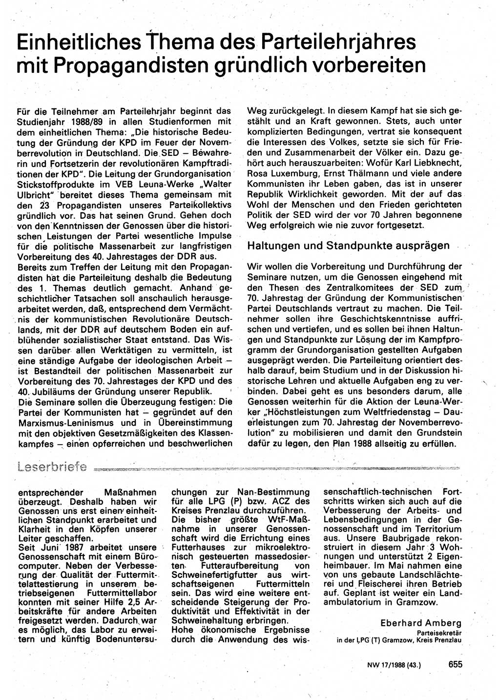 Neuer Weg (NW), Organ des Zentralkomitees (ZK) der SED (Sozialistische Einheitspartei Deutschlands) für Fragen des Parteilebens, 43. Jahrgang [Deutsche Demokratische Republik (DDR)] 1988, Seite 655 (NW ZK SED DDR 1988, S. 655)