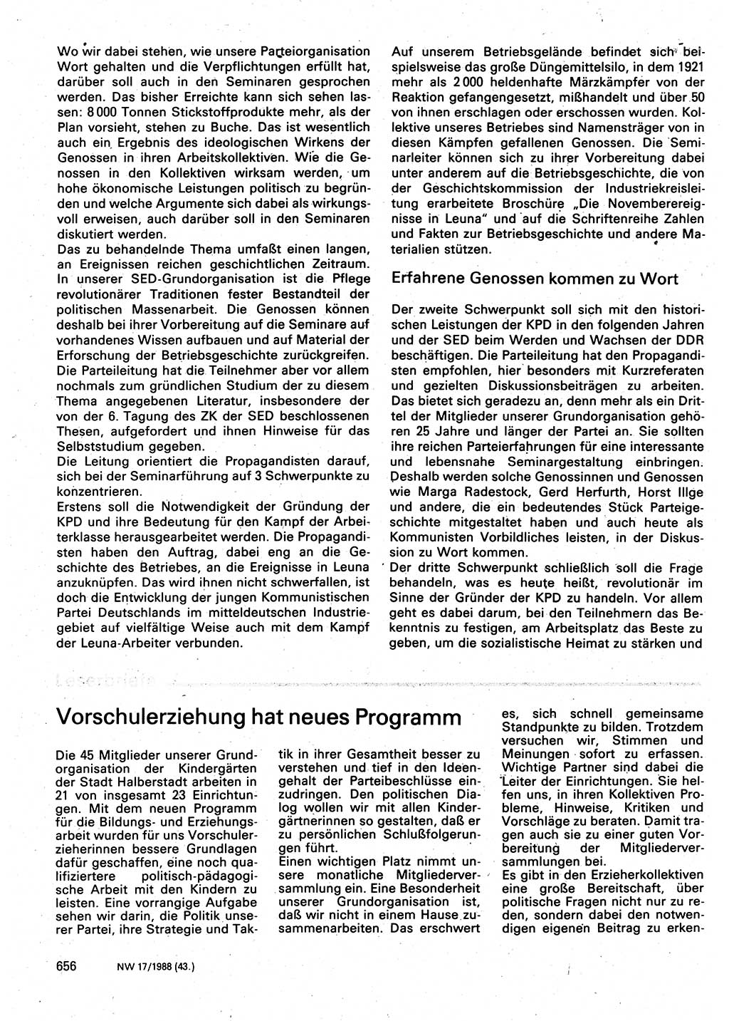 Neuer Weg (NW), Organ des Zentralkomitees (ZK) der SED (Sozialistische Einheitspartei Deutschlands) für Fragen des Parteilebens, 43. Jahrgang [Deutsche Demokratische Republik (DDR)] 1988, Seite 656 (NW ZK SED DDR 1988, S. 656)