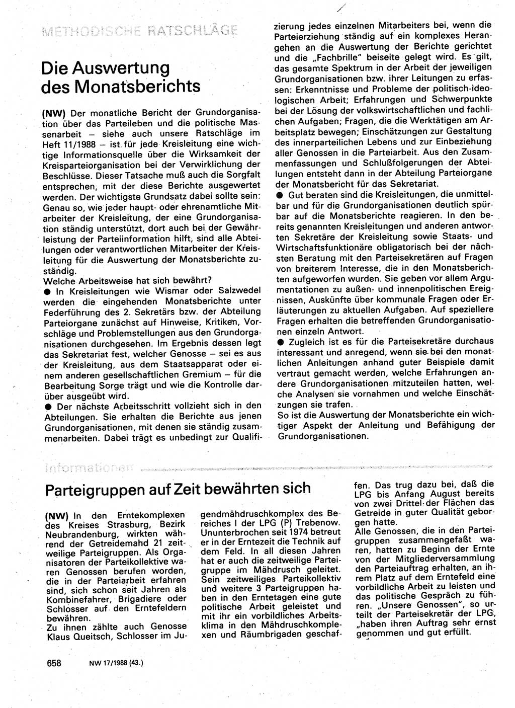 Neuer Weg (NW), Organ des Zentralkomitees (ZK) der SED (Sozialistische Einheitspartei Deutschlands) für Fragen des Parteilebens, 43. Jahrgang [Deutsche Demokratische Republik (DDR)] 1988, Seite 658 (NW ZK SED DDR 1988, S. 658)