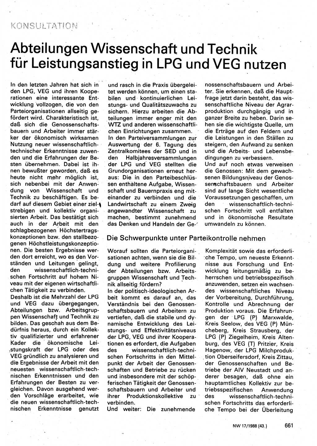 Neuer Weg (NW), Organ des Zentralkomitees (ZK) der SED (Sozialistische Einheitspartei Deutschlands) für Fragen des Parteilebens, 43. Jahrgang [Deutsche Demokratische Republik (DDR)] 1988, Seite 661 (NW ZK SED DDR 1988, S. 661)