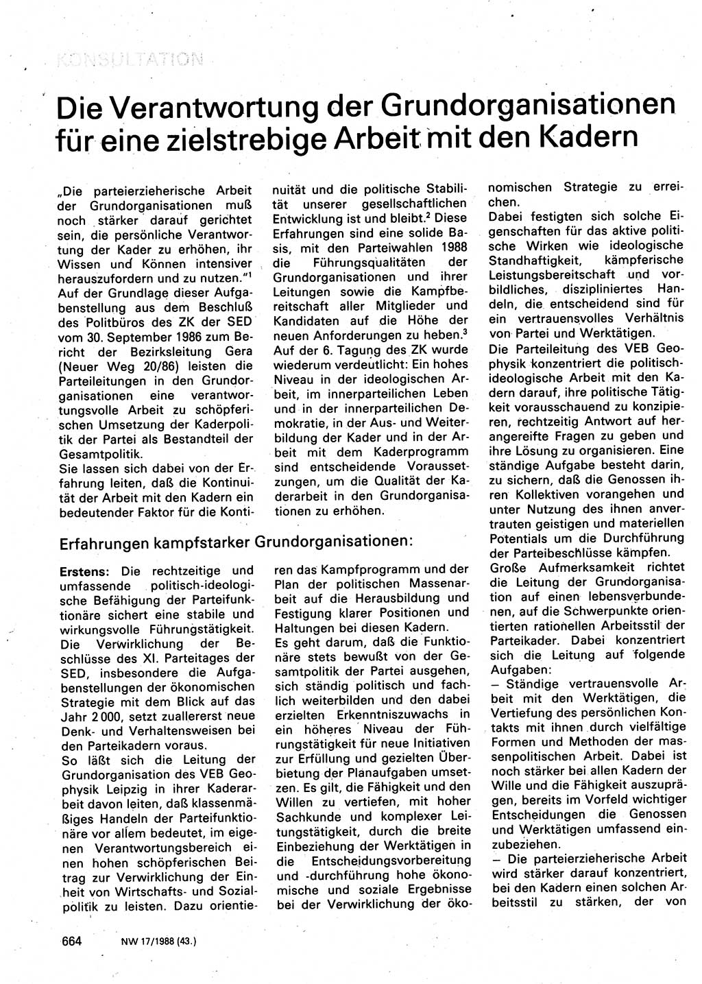 Neuer Weg (NW), Organ des Zentralkomitees (ZK) der SED (Sozialistische Einheitspartei Deutschlands) für Fragen des Parteilebens, 43. Jahrgang [Deutsche Demokratische Republik (DDR)] 1988, Seite 664 (NW ZK SED DDR 1988, S. 664)
