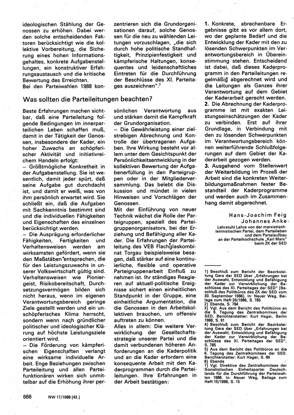 Neuer Weg (NW), Organ des Zentralkomitees (ZK) der SED (Sozialistische Einheitspartei Deutschlands) für Fragen des Parteilebens, 43. Jahrgang [Deutsche Demokratische Republik (DDR)] 1988, Seite 666 (NW ZK SED DDR 1988, S. 666)