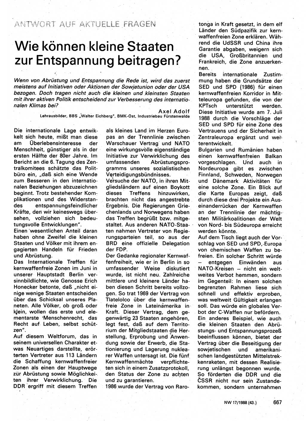 Neuer Weg (NW), Organ des Zentralkomitees (ZK) der SED (Sozialistische Einheitspartei Deutschlands) für Fragen des Parteilebens, 43. Jahrgang [Deutsche Demokratische Republik (DDR)] 1988, Seite 667 (NW ZK SED DDR 1988, S. 667)