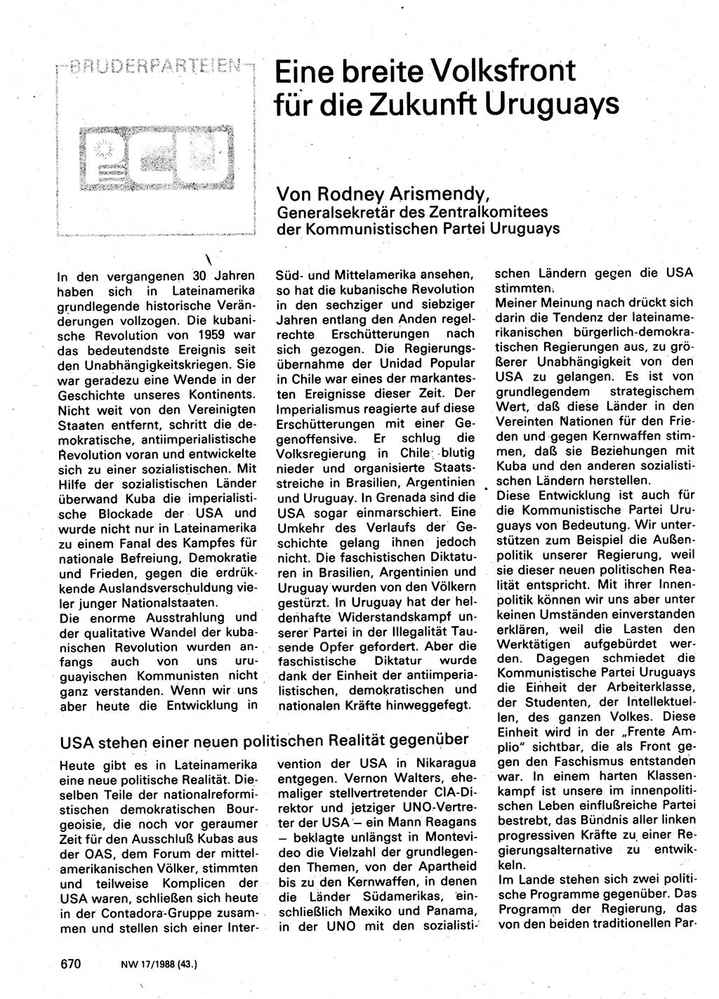 Neuer Weg (NW), Organ des Zentralkomitees (ZK) der SED (Sozialistische Einheitspartei Deutschlands) für Fragen des Parteilebens, 43. Jahrgang [Deutsche Demokratische Republik (DDR)] 1988, Seite 670 (NW ZK SED DDR 1988, S. 670)