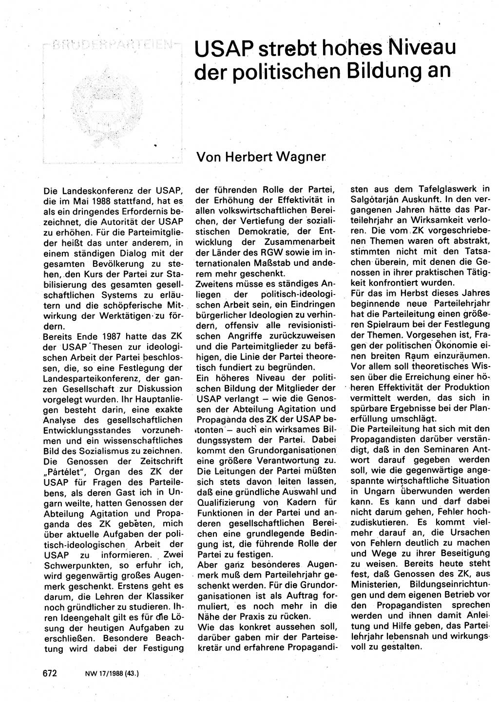 Neuer Weg (NW), Organ des Zentralkomitees (ZK) der SED (Sozialistische Einheitspartei Deutschlands) für Fragen des Parteilebens, 43. Jahrgang [Deutsche Demokratische Republik (DDR)] 1988, Seite 672 (NW ZK SED DDR 1988, S. 672)