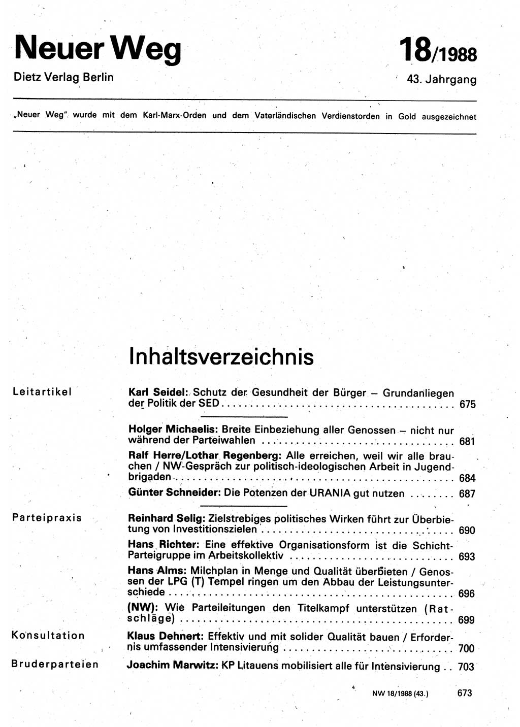 Neuer Weg (NW), Organ des Zentralkomitees (ZK) der SED (Sozialistische Einheitspartei Deutschlands) für Fragen des Parteilebens, 43. Jahrgang [Deutsche Demokratische Republik (DDR)] 1988, Seite 673 (NW ZK SED DDR 1988, S. 673)