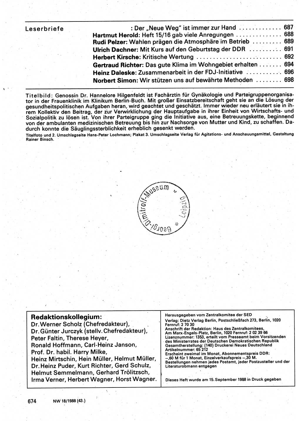 Neuer Weg (NW), Organ des Zentralkomitees (ZK) der SED (Sozialistische Einheitspartei Deutschlands) für Fragen des Parteilebens, 43. Jahrgang [Deutsche Demokratische Republik (DDR)] 1988, Seite 674 (NW ZK SED DDR 1988, S. 674)